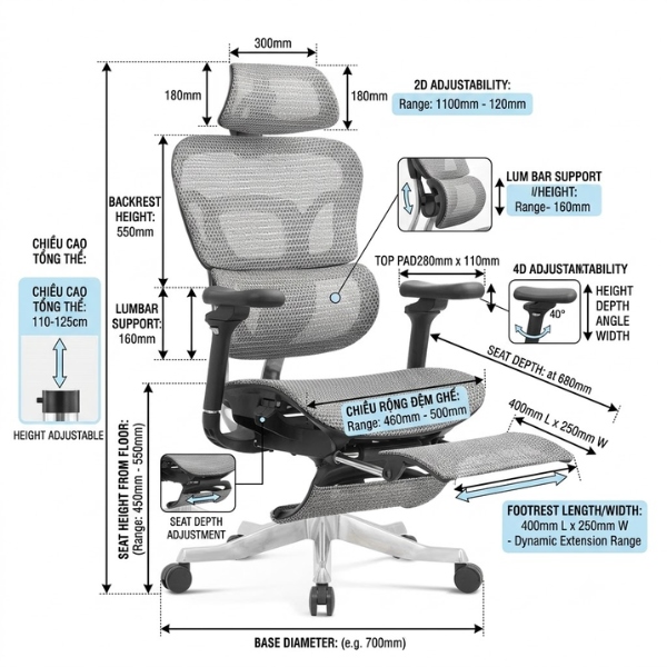 Ghế công thái học lưới mesh toàn phần tựa đầu 3D thoải mái: CTH733 - Ảnh 9